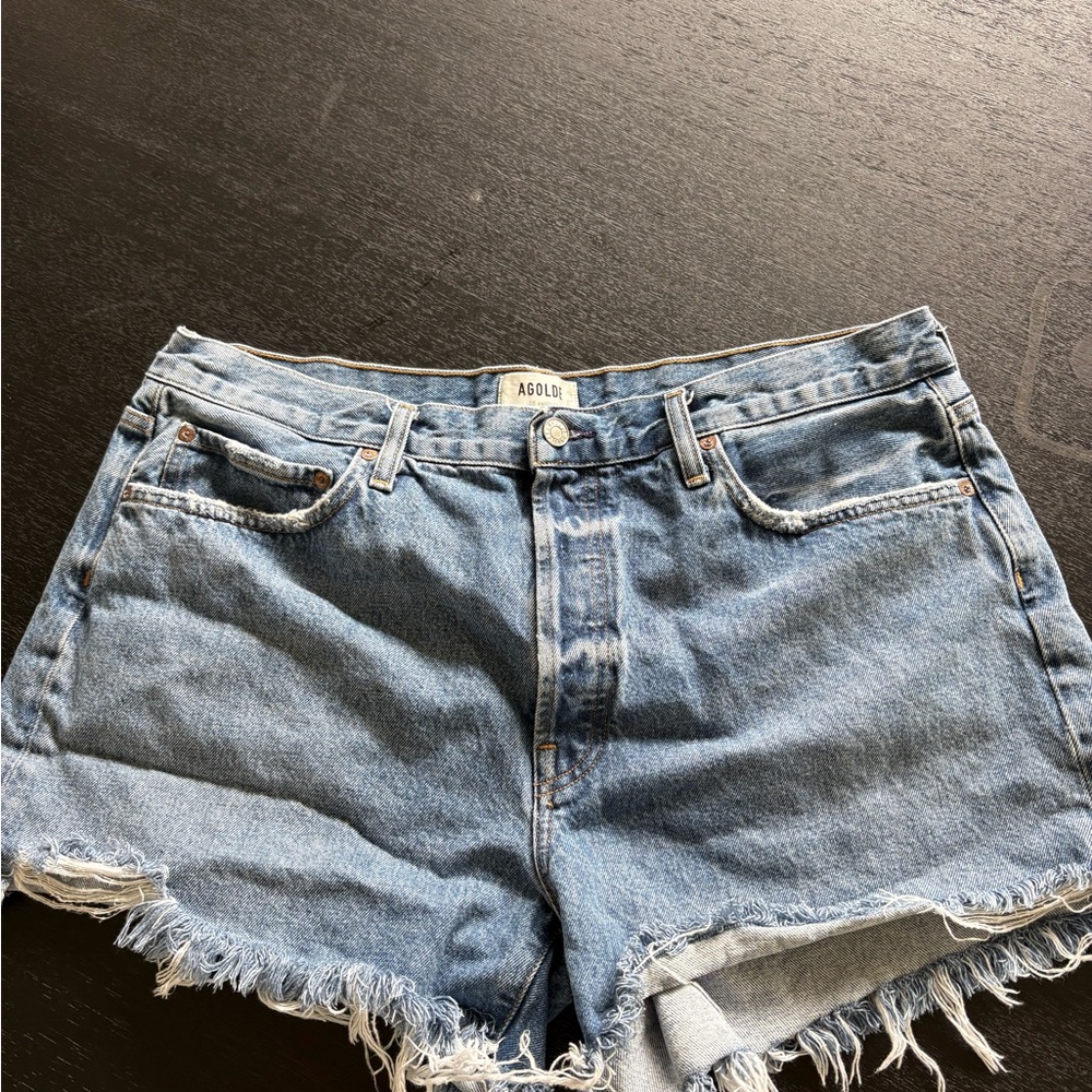 Agolde Medium Wash Frayed Hem Denim Shorts